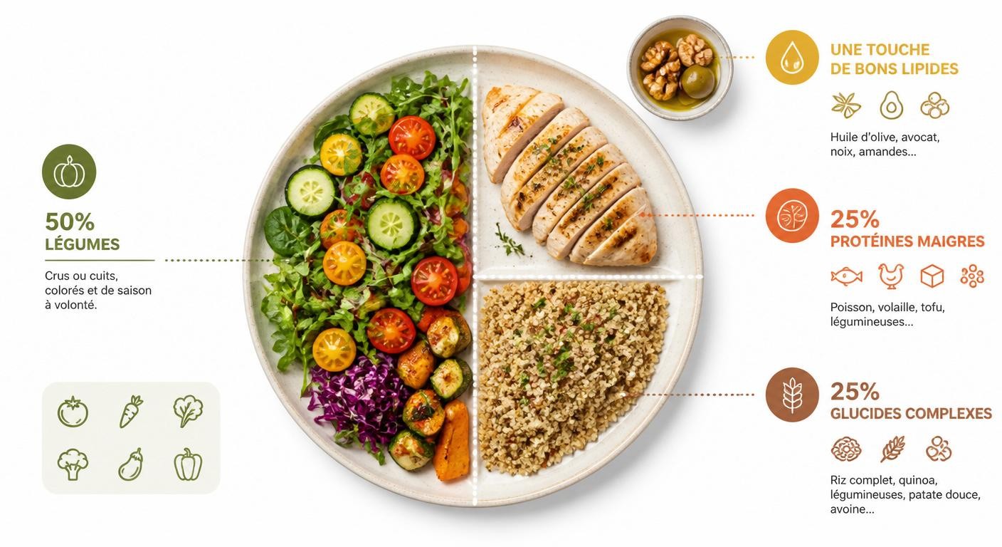 Infographie de l'assiette équilibrée pour la perte de poids chez la femme