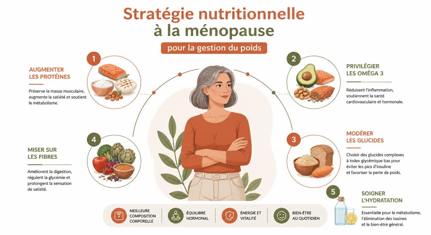 Infographie de la stratégie nutritionnelle à la ménopause pour la perte de poids