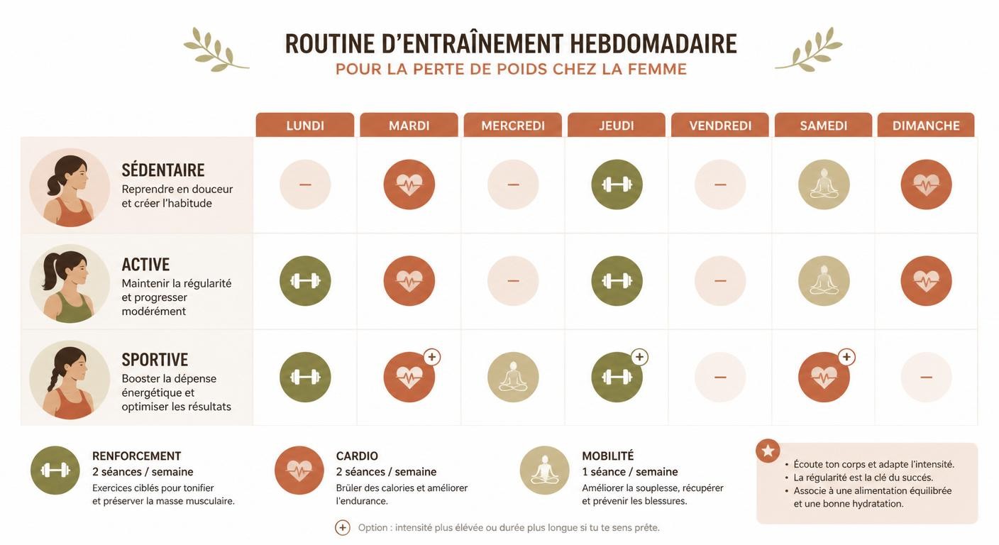 Infographie de la routine sportive hebdomadaire pour la perte de poids chez la femme