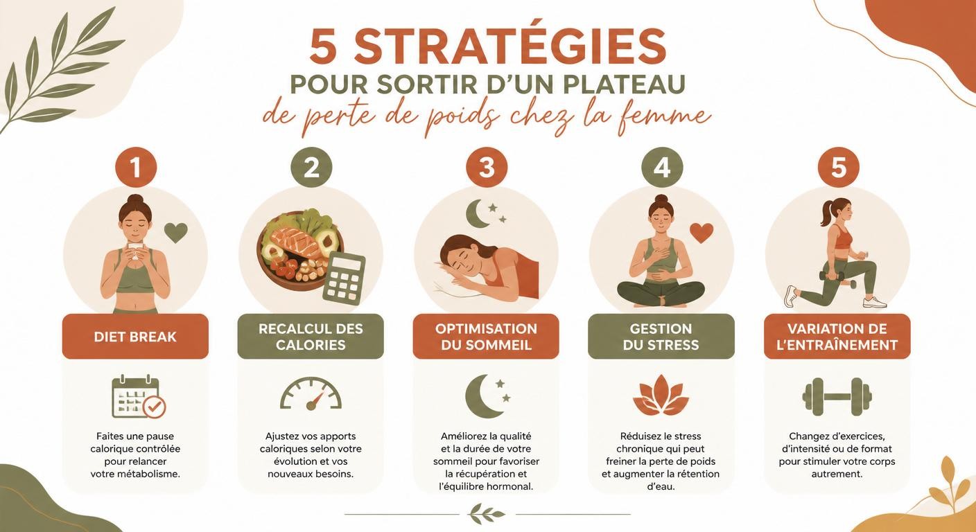 Infographie des 5 stratégies pour sortir d'un plateau de perte de poids