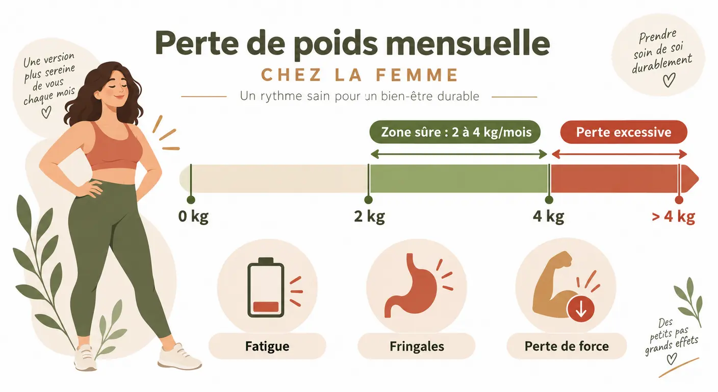 Fourchette mensuelle de perte de poids sans danger chez la femme et zone de perte excessive