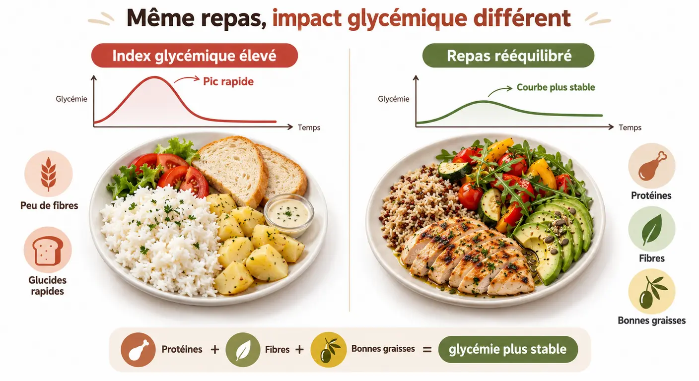 Comparaison de deux assiettes et de leurs courbes glycémiques, avant et après rééquilibrage