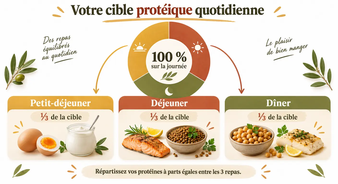 Répartition de la cible protéique quotidienne d'une femme sur trois repas