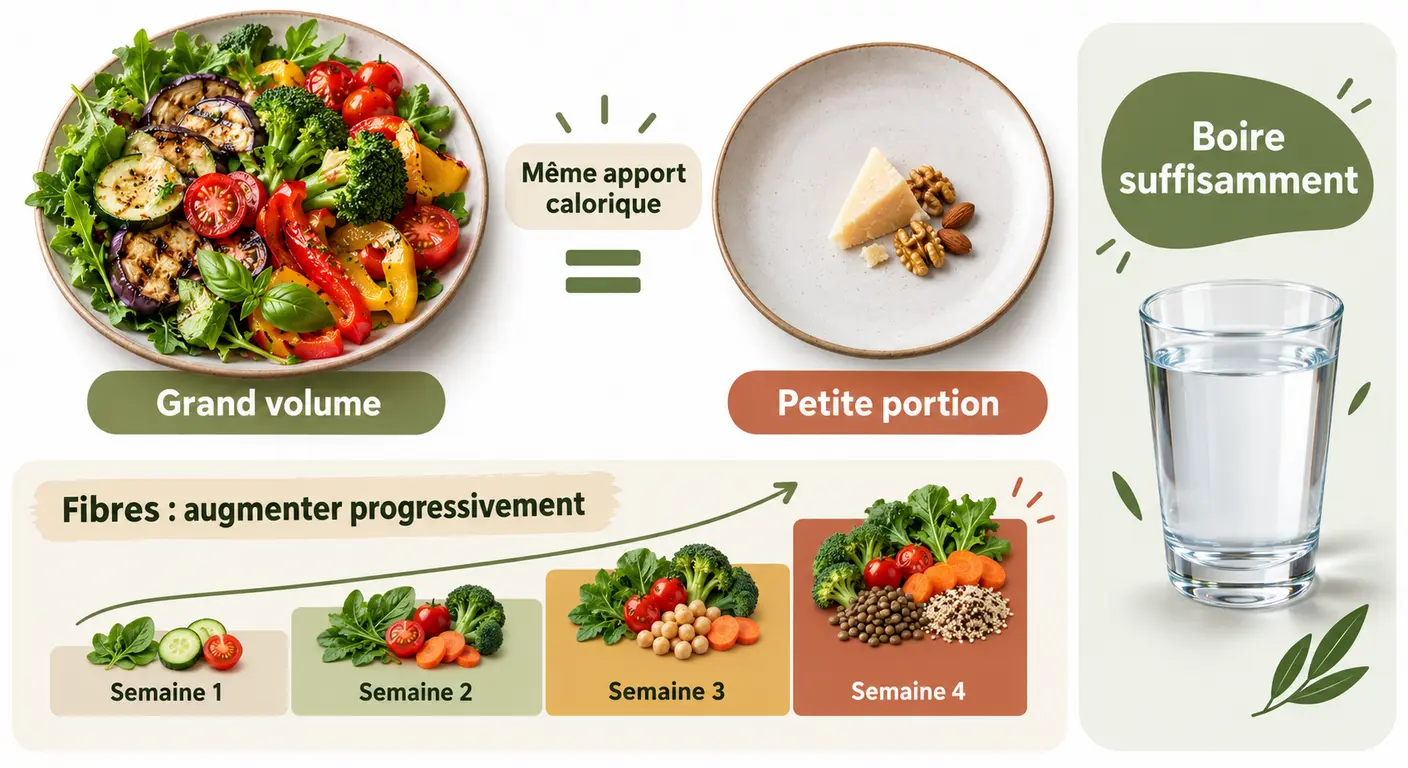 Volume des légumes à faible densité énergétique à calories égales et montée progressive des fibres