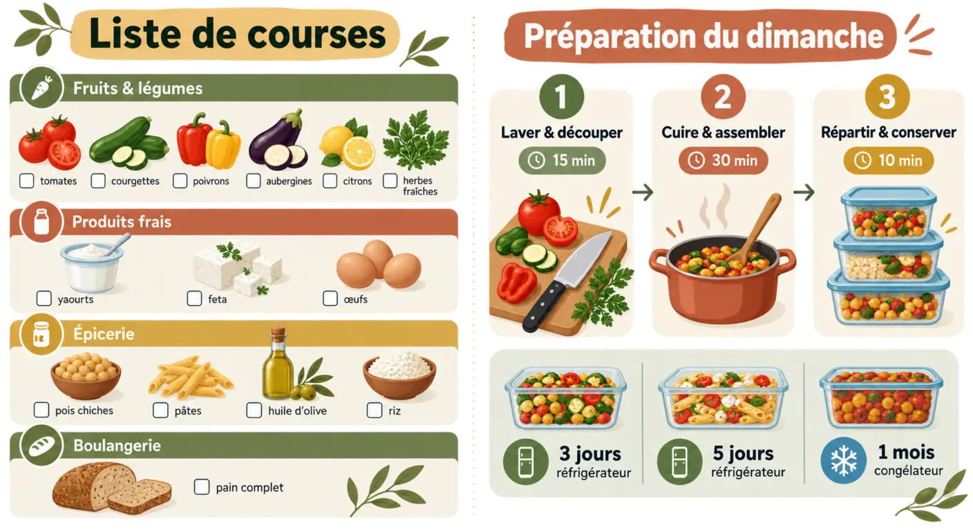 Liste de courses par rayon et déroulé de la session de préparation du dimanche