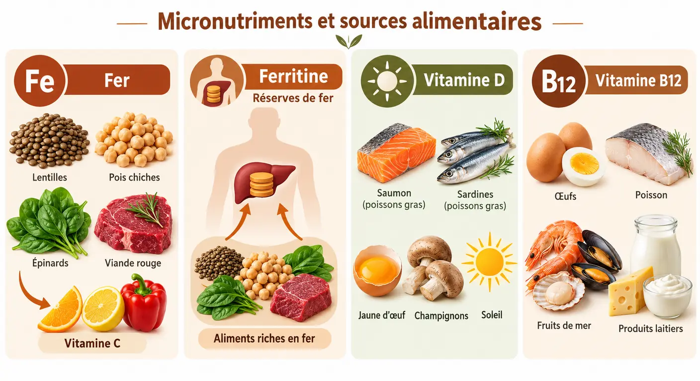 Micronutriments à surveiller en déficit calorique chez la femme et sources alimentaires associées