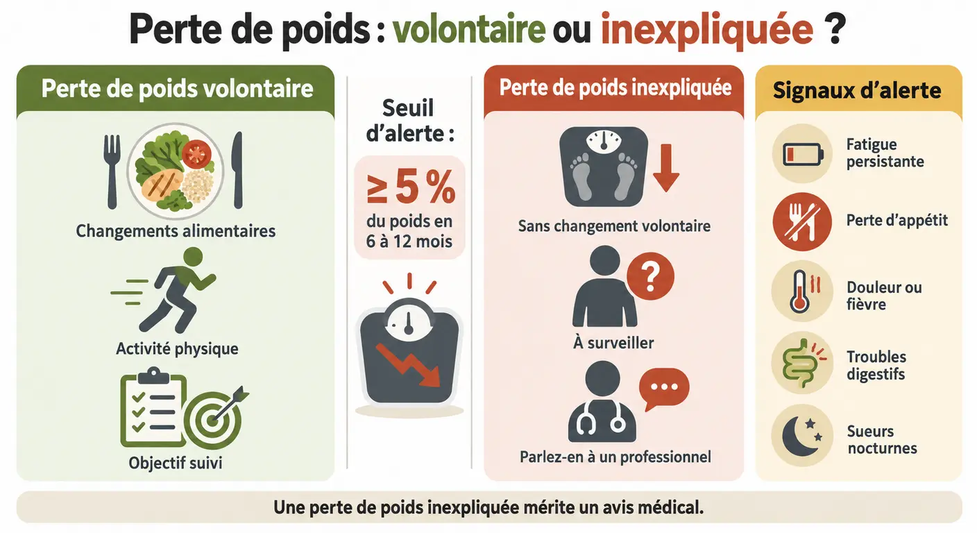 Distinction entre perte de poids volontaire et perte de poids inexpliquée, avec seuil d'alerte et signaux associés