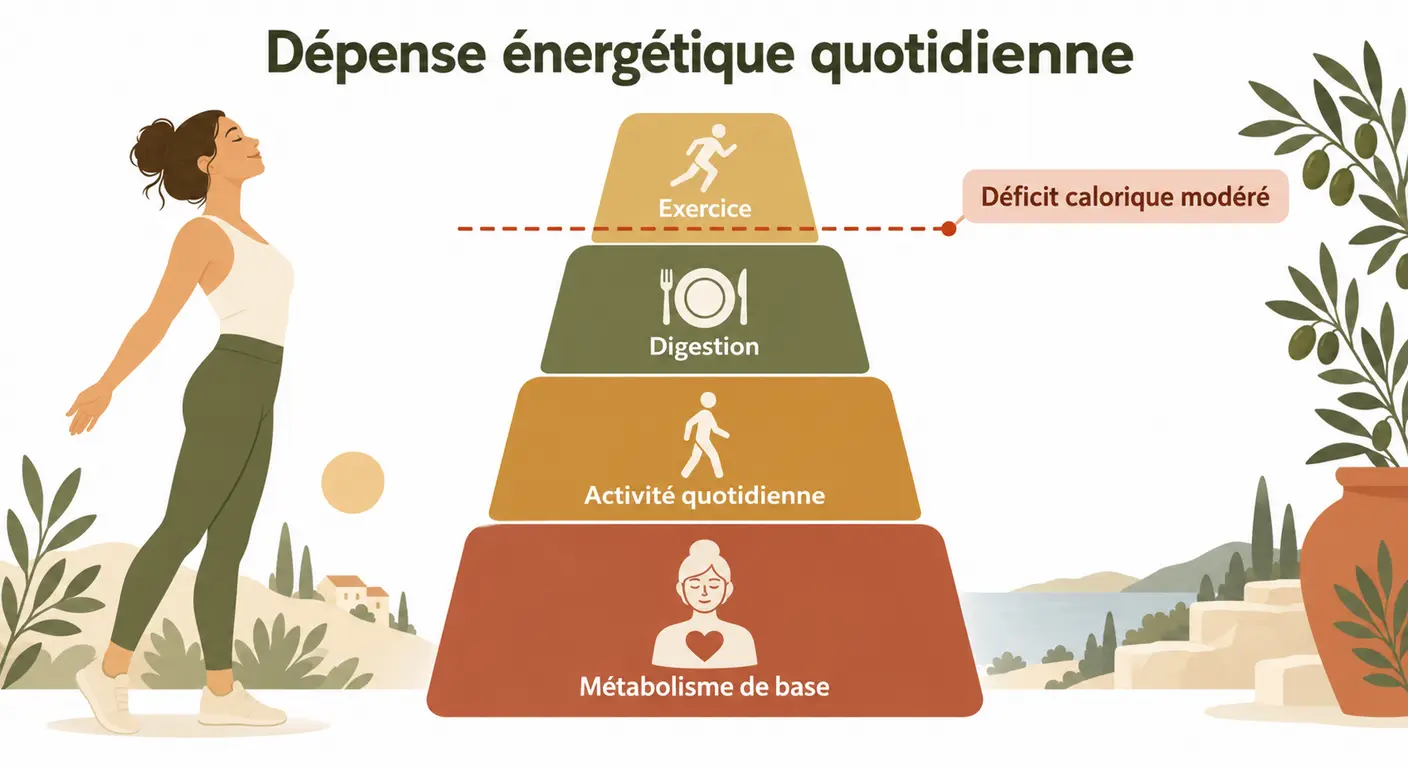 Décomposition de la dépense énergétique quotidienne d'une femme et place du déficit calorique modéré