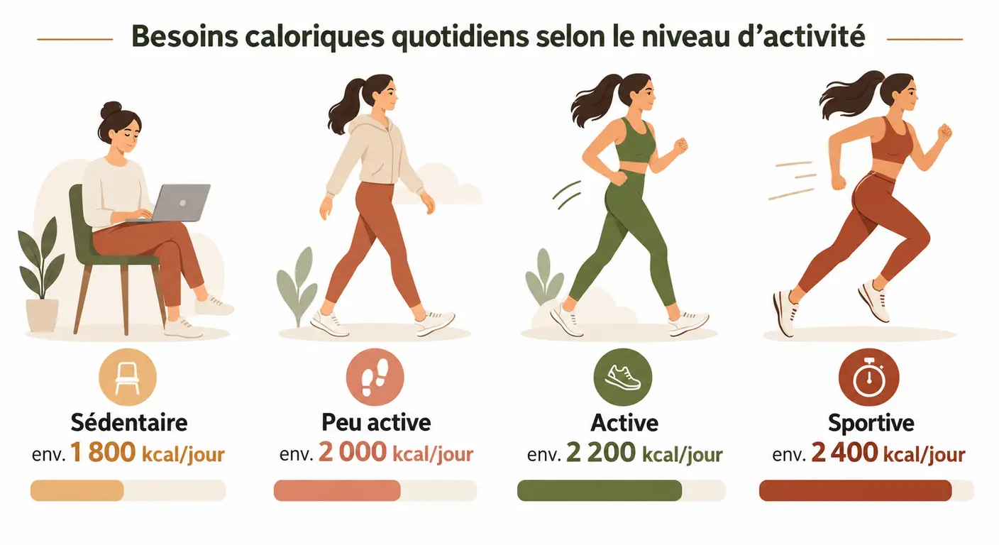 Besoins caloriques quotidiens d'une femme selon quatre niveaux d'activité physique