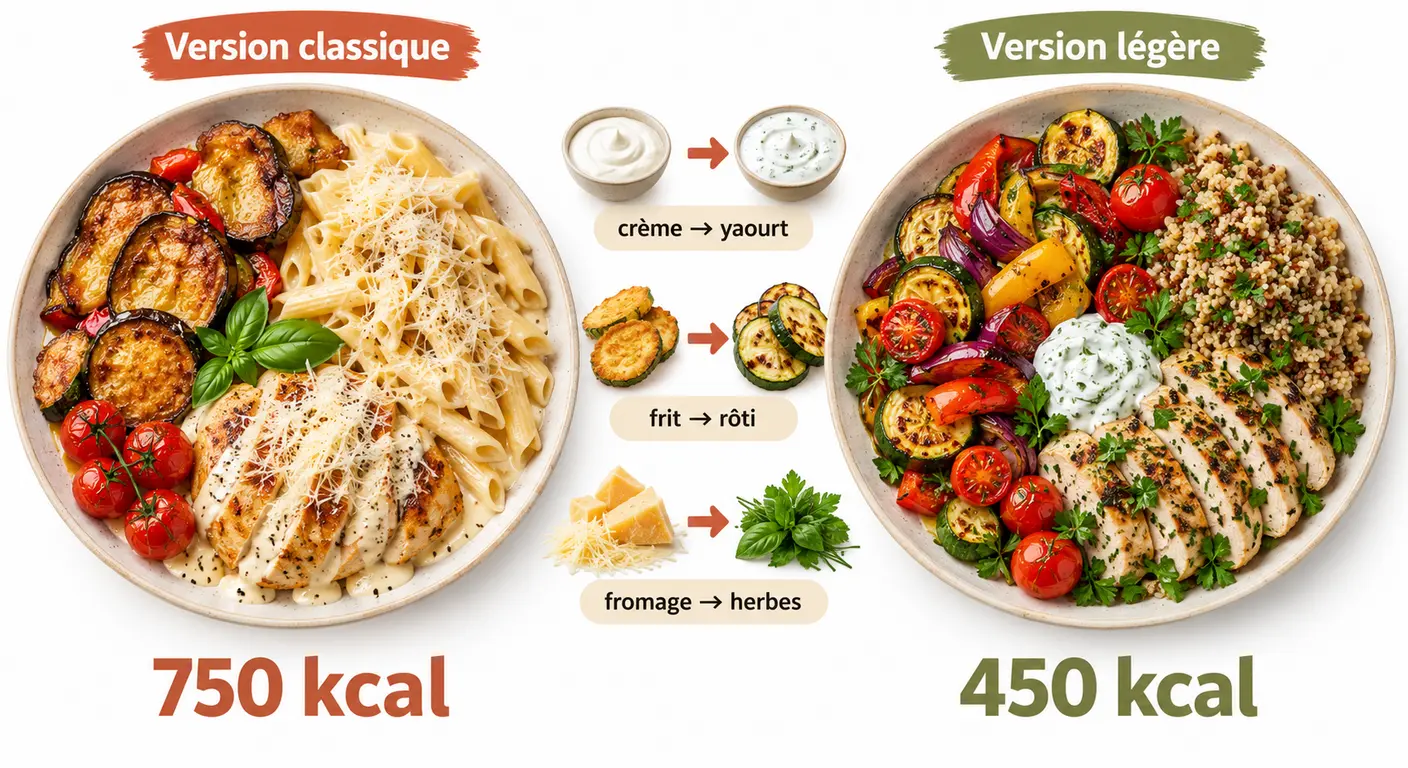 Deux assiettes de volume identique et d'apport calorique différent grâce à la substitution