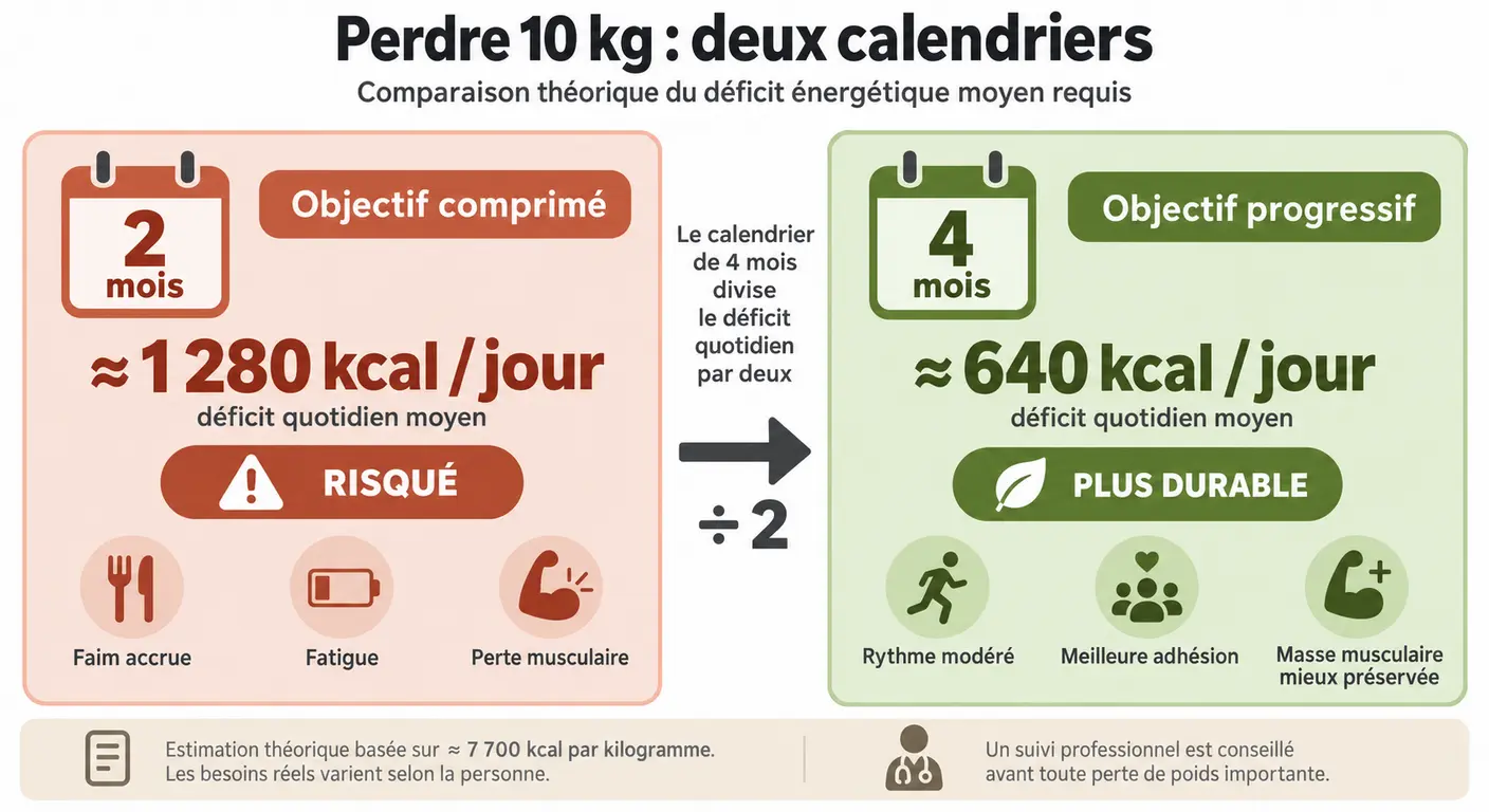 Comparaison de deux calendriers pour perdre dix kilos et déficit quotidien requis