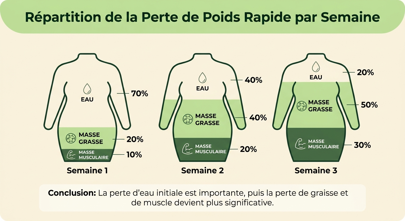 Infographie détaillant la répartition eau graisse muscle d'une perte de poids rapide