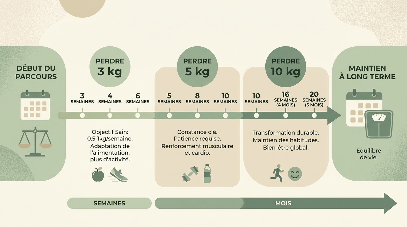 Infographie des délais réalistes pour perdre 3 5 ou 10 kg sainement