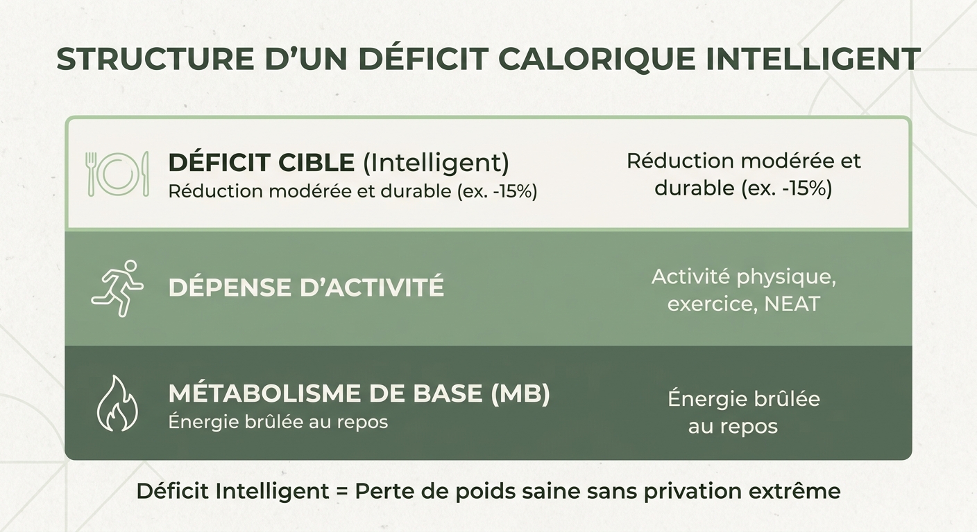 Infographie expliquant la composition d'un déficit calorique intelligent