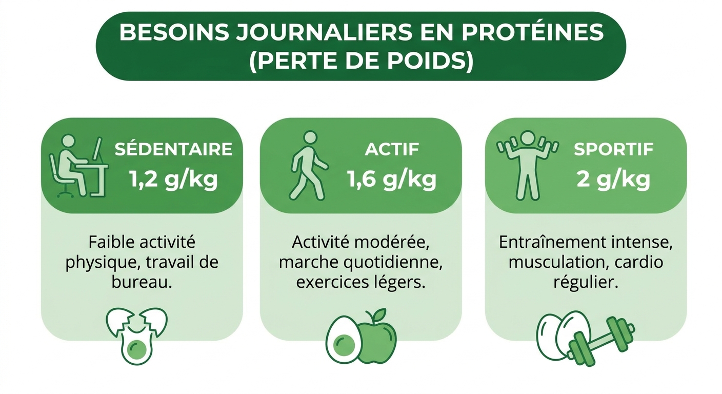 Infographie des besoins en protéines selon l'activité pendant une perte de poids rapide