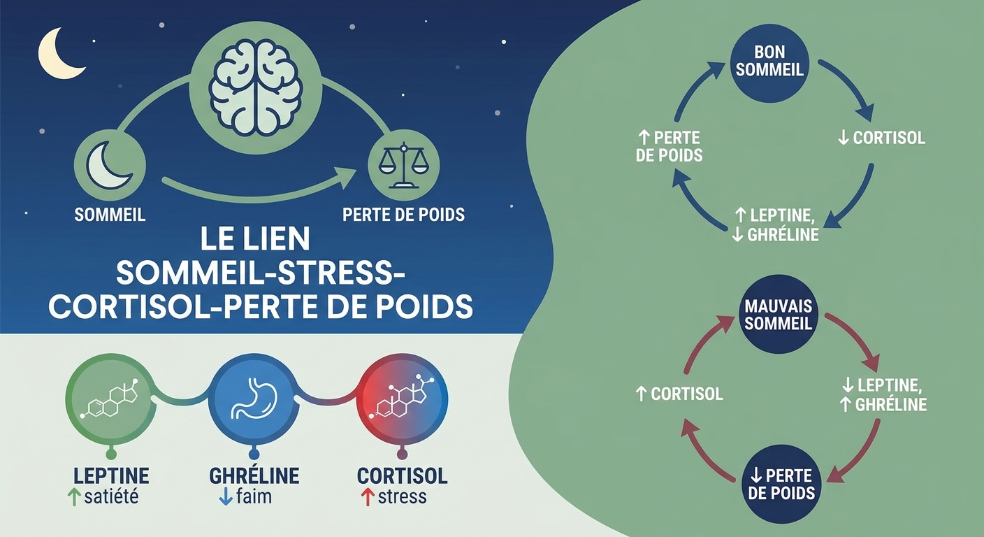 Infographie du lien entre sommeil stress cortisol et perte de poids rapide