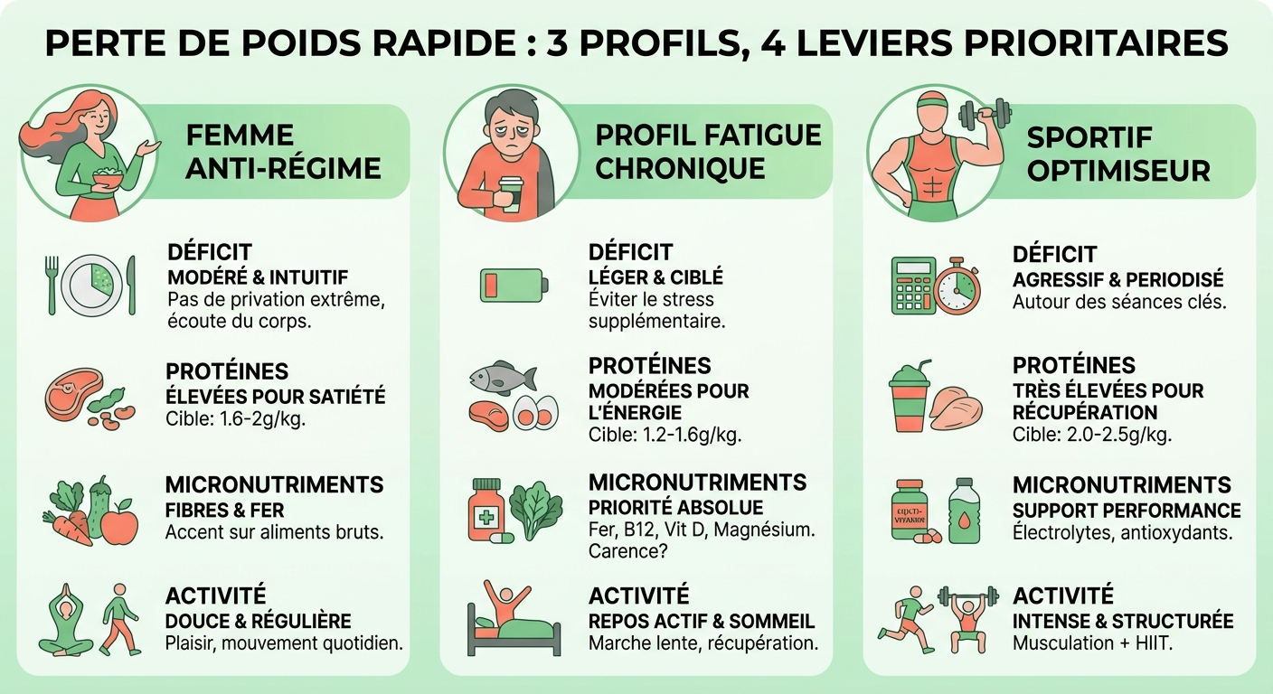 Infographie comparant trois profils et stratégies de perte de poids rapide