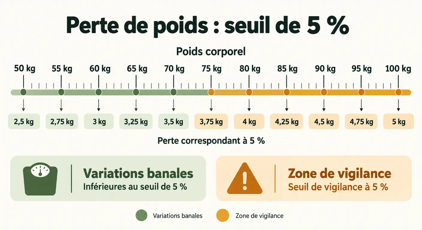Règle graduée montrant le seuil de 5 % du poids corporel de 50 à 100 kilogrammes