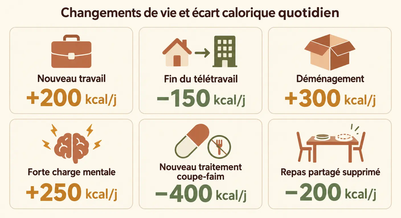 Six changements de vie et l'écart calorique quotidien qu'ils installent