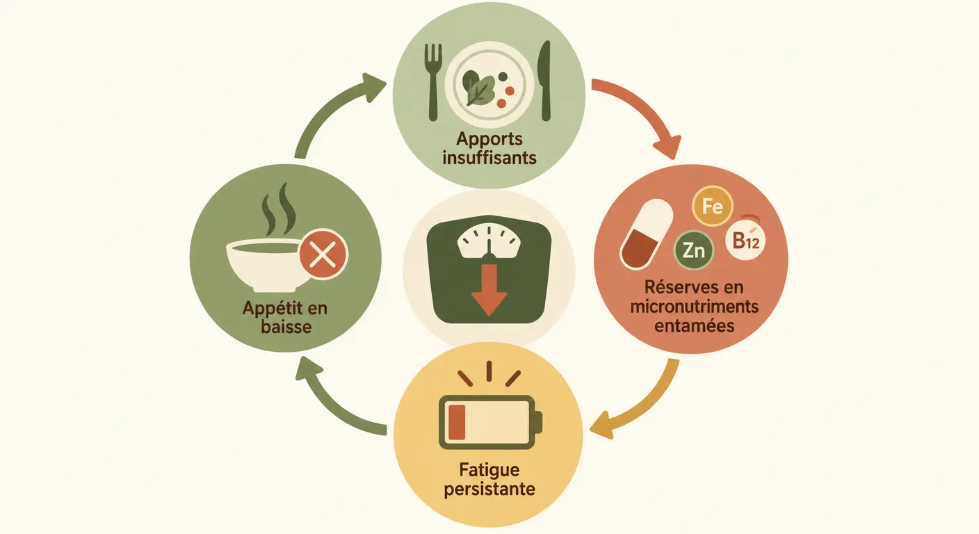 Cercle en quatre étapes reliant apports insuffisants, carences, fatigue et baisse d'appétit