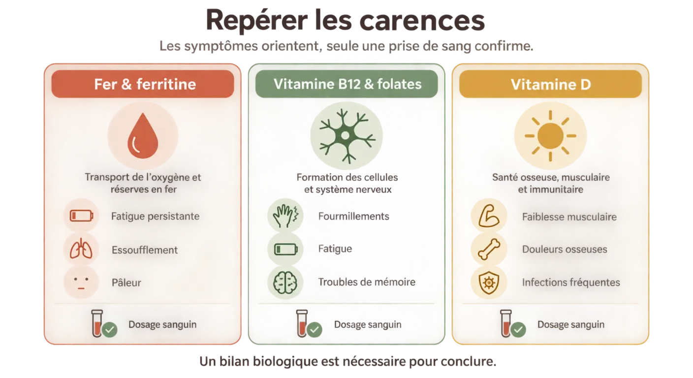 Trois fiches présentant le rôle et les signes d'appel du fer, de la vitamine B12 et de la vitamine D