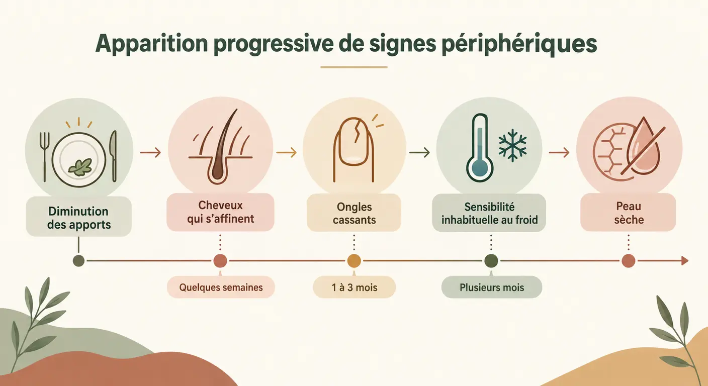 Frise montrant le délai entre la baisse des apports et l'apparition des signaux périphériques