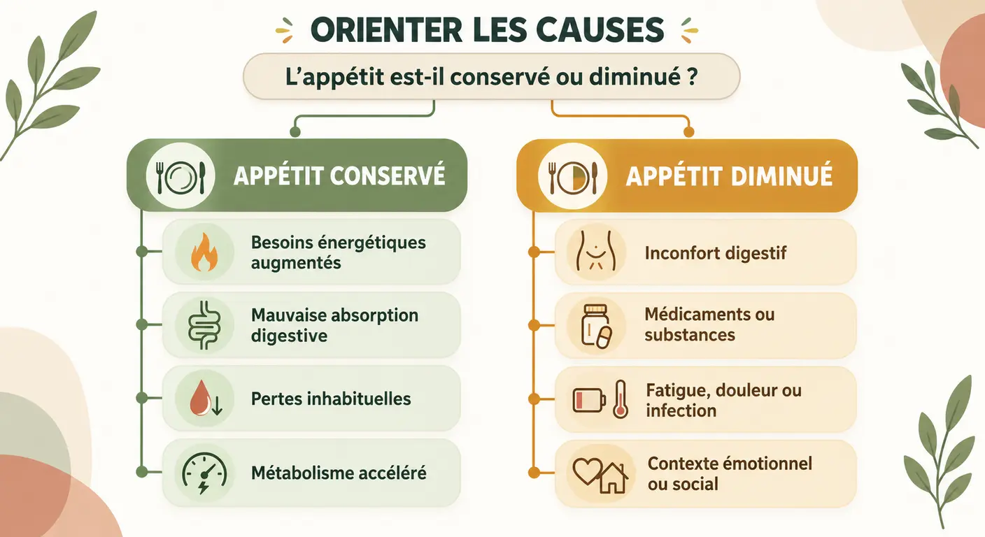 Arbre de décision séparant les causes de perte de poids selon un appétit conservé ou diminué