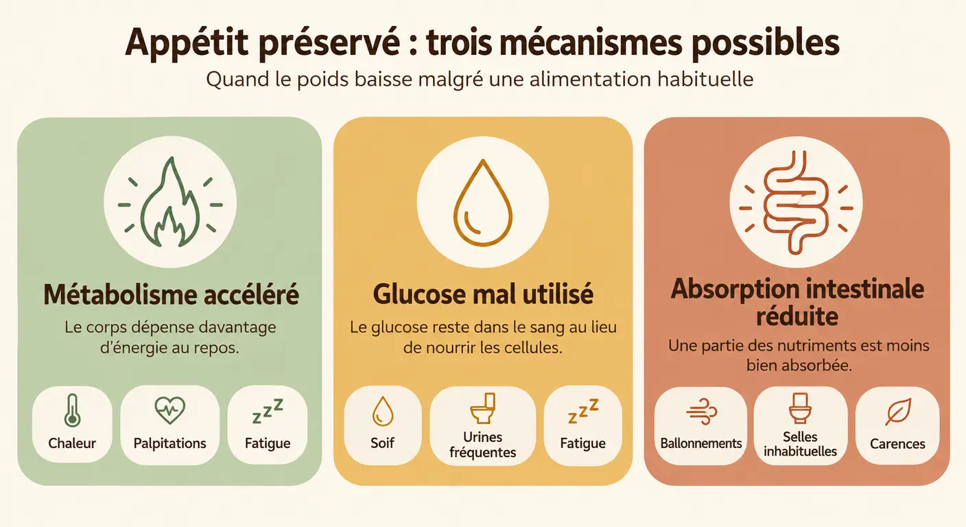 Trois familles de mécanismes expliquant une perte de poids à appétit conservé