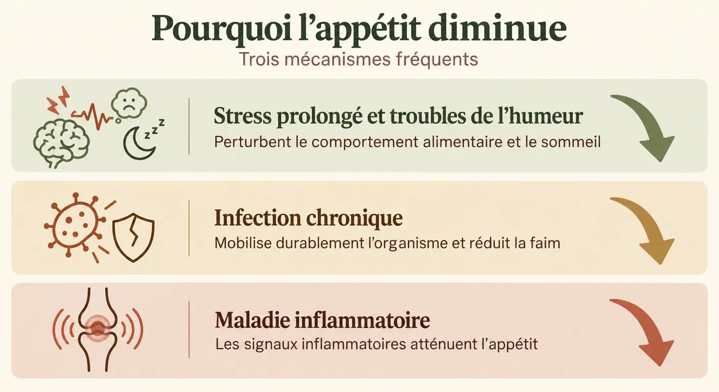 Trois mécanismes qui font baisser l'appétit : stress, troubles de l'humeur et inflammation chronique
