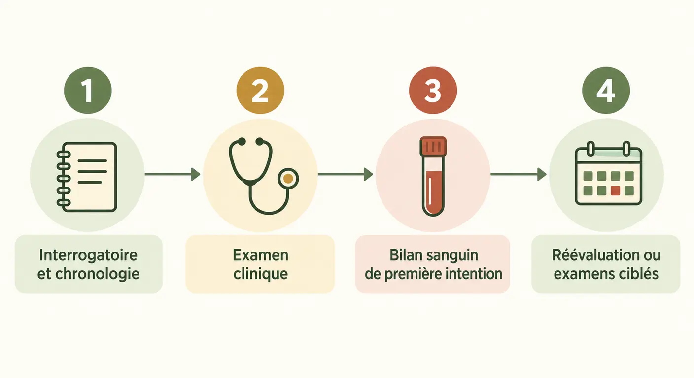 Frise des quatre étapes du parcours médical face à une perte de poids inexpliquée