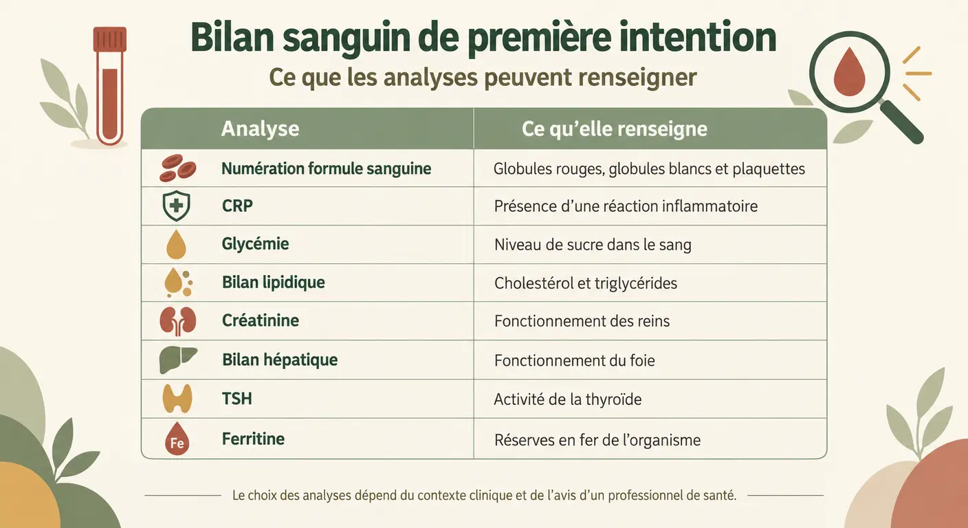 Grille annotée des lignes du bilan sanguin de première intention et de ce qu'elles renseignent