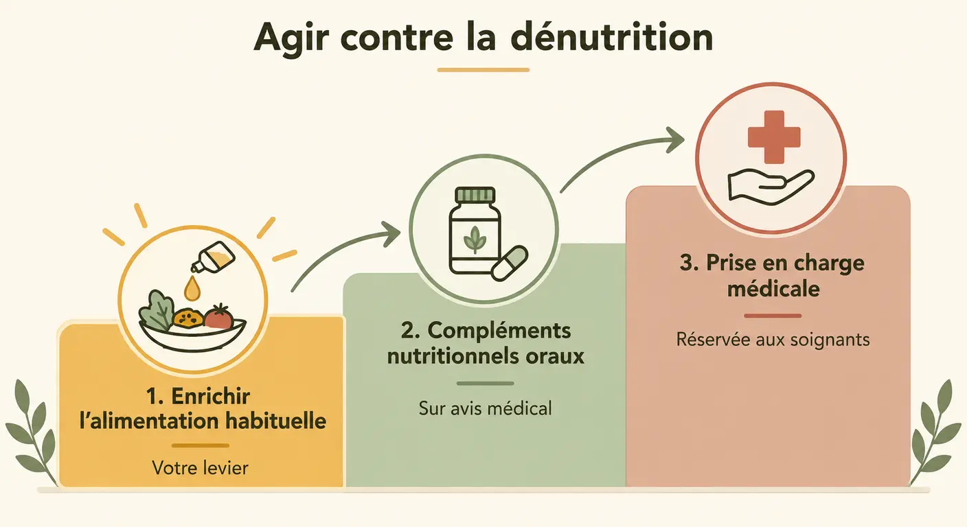 Escalier des trois paliers de la stratégie nutritionnelle, du palier 1 enrichissement au palier 3 médical
