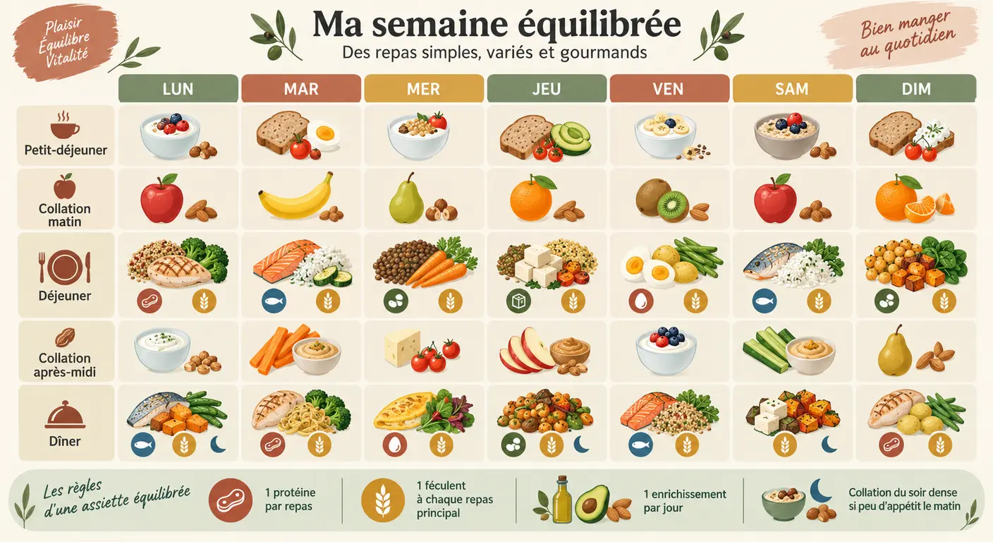 Grille d'une semaine type de stabilisation en trois repas et deux collations par jour