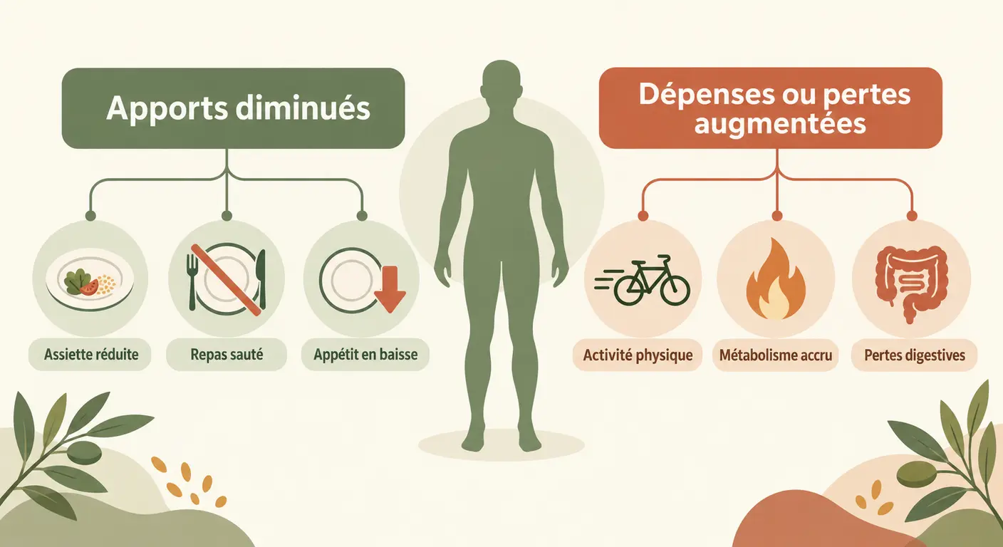Diagramme des deux mécanismes menant à une perte de poids involontaire : apports diminués ou dépenses augmentées