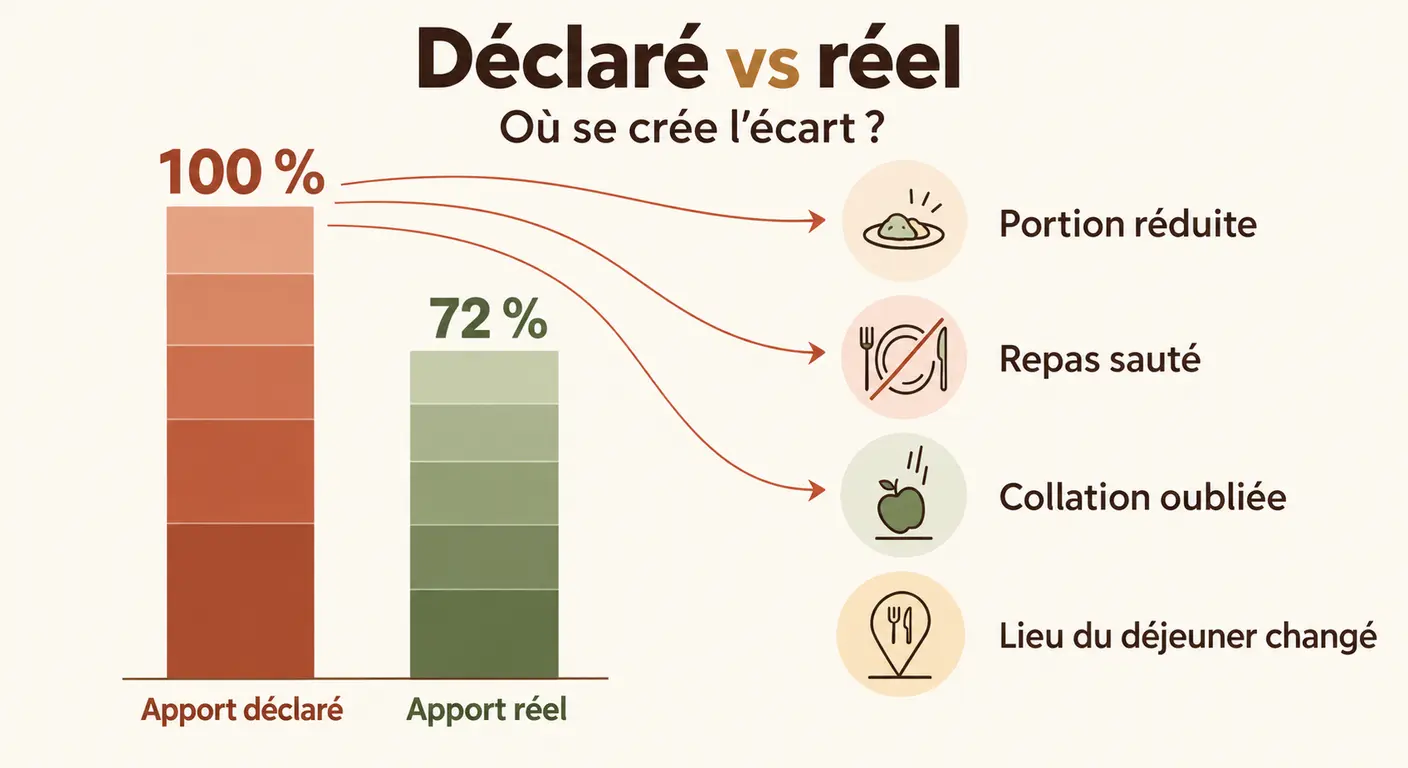 Écart entre apports déclarés et apports réels et les quatre fuites de calories les plus fréquentes