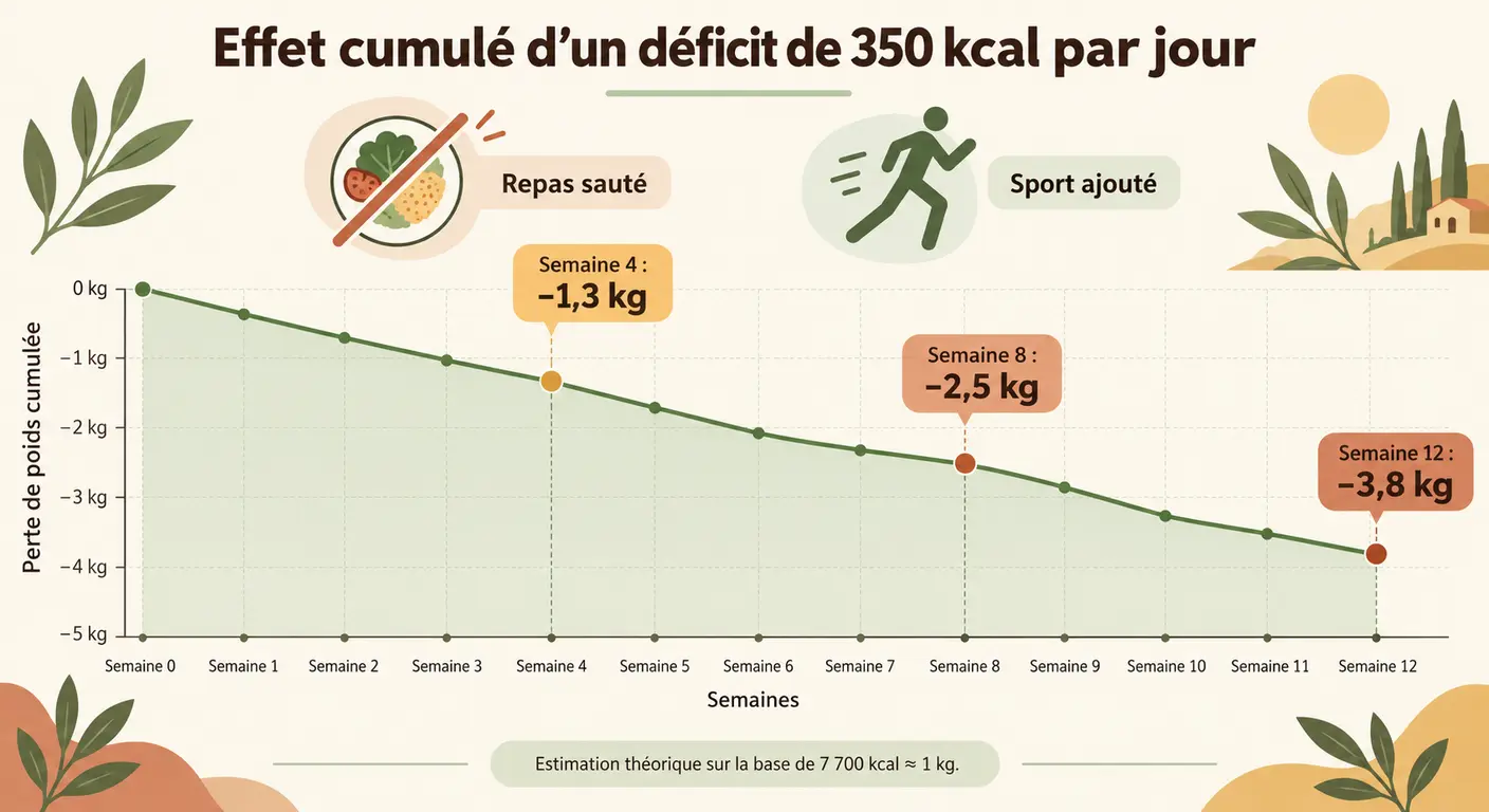 Courbe montrant l'effet cumulé d'un déficit quotidien de 350 kilocalories sur douze semaines