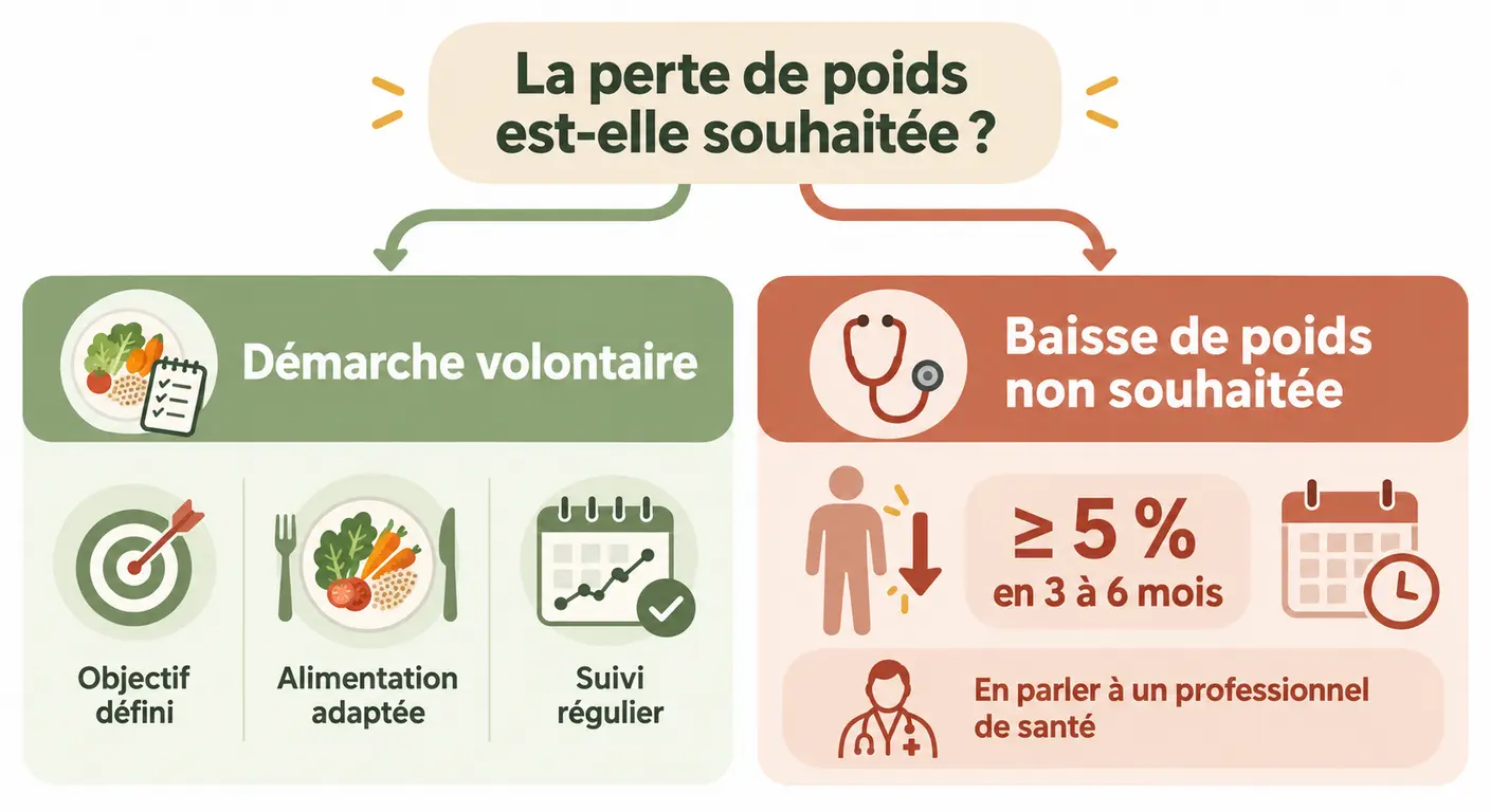 Arbre de décision distinguant une perte de poids volontaire d'un amaigrissement involontaire nécessitant un avis médical