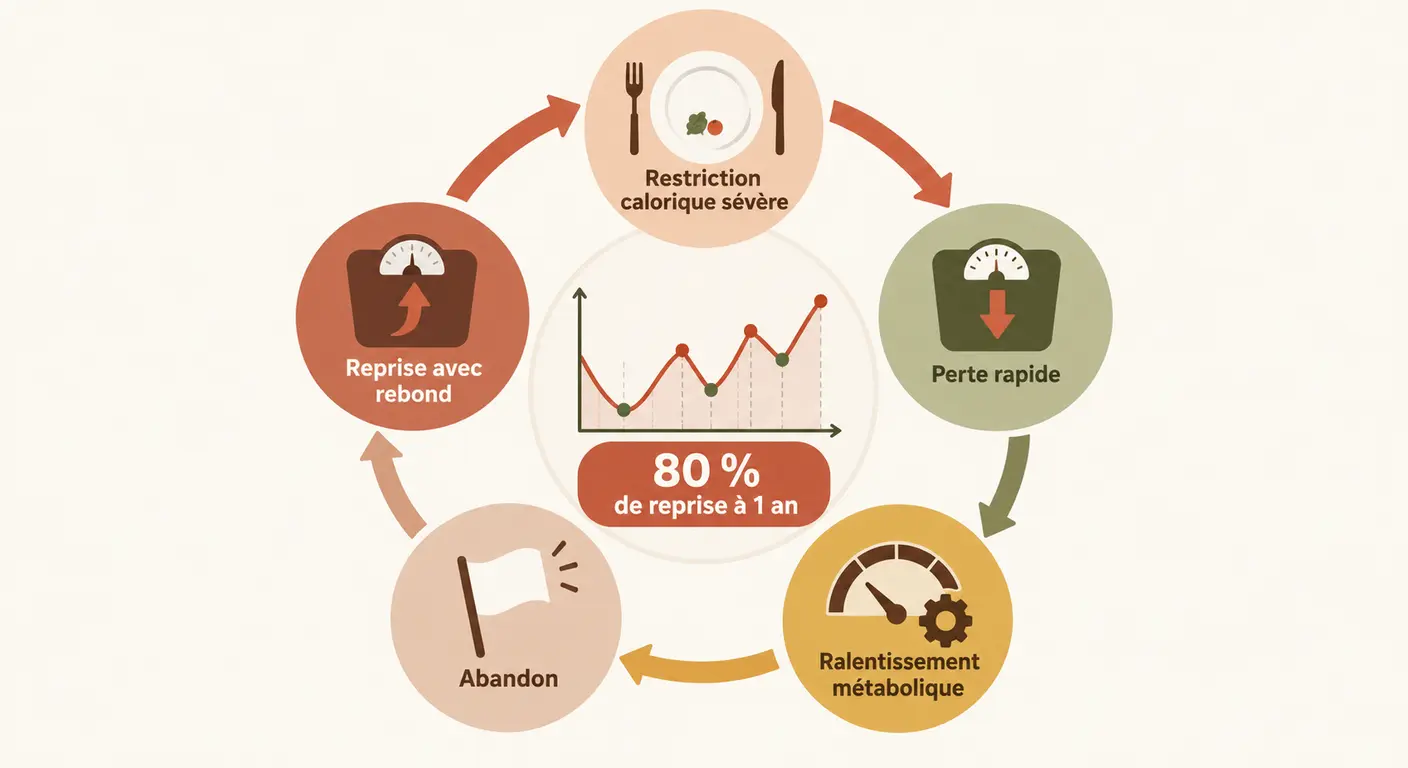 Infographie du cycle restriction, perte rapide, ralentissement, abandon et reprise de poids avec rebond pondéral
