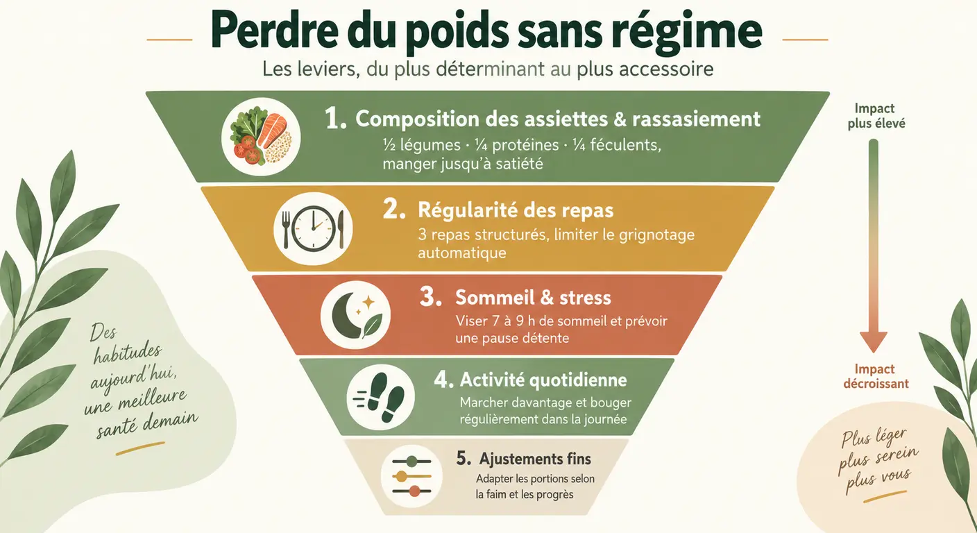 Pyramide inversée hiérarchisant les cinq leviers d'une perte de poids sans régime du plus déterminant au plus accessoire