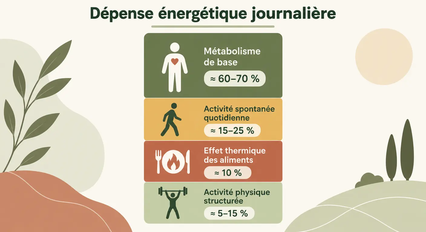 Diagramme des quatre composantes de la dépense énergétique quotidienne et de leur part respective