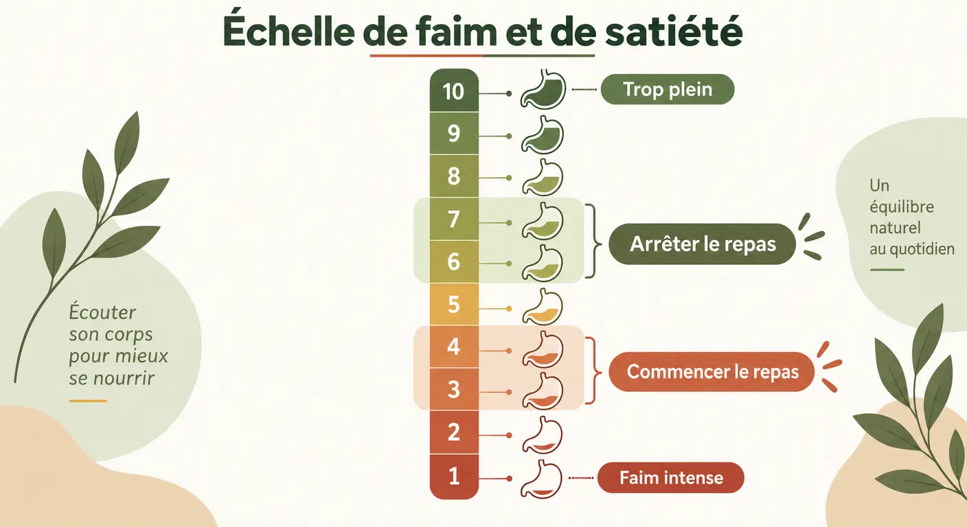 Échelle graduée de faim et de satiété en dix niveaux avec les zones optimales pour commencer et arrêter un repas
