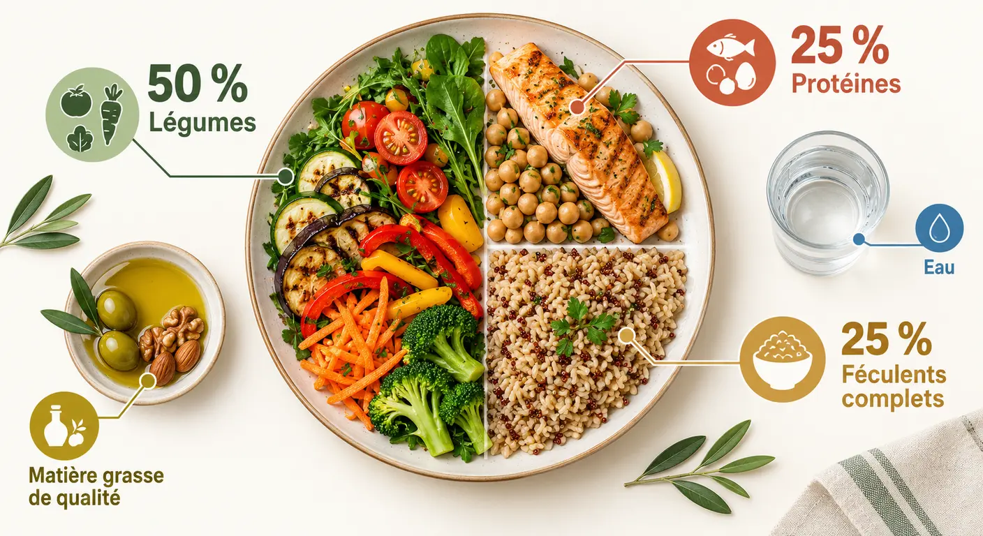 Assiette de rééquilibrage alimentaire divisée en trois zones avec proportions de légumes, protéines et féculents complets