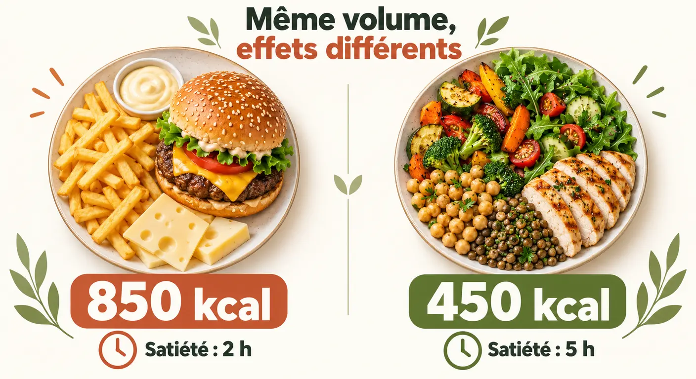 Comparaison de deux assiettes de volume identique aux apports caloriques et à la durée de satiété très différents