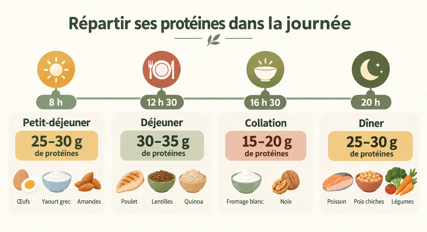 Timeline de répartition de l'apport protéique sur les trois repas et la collation d'une journée