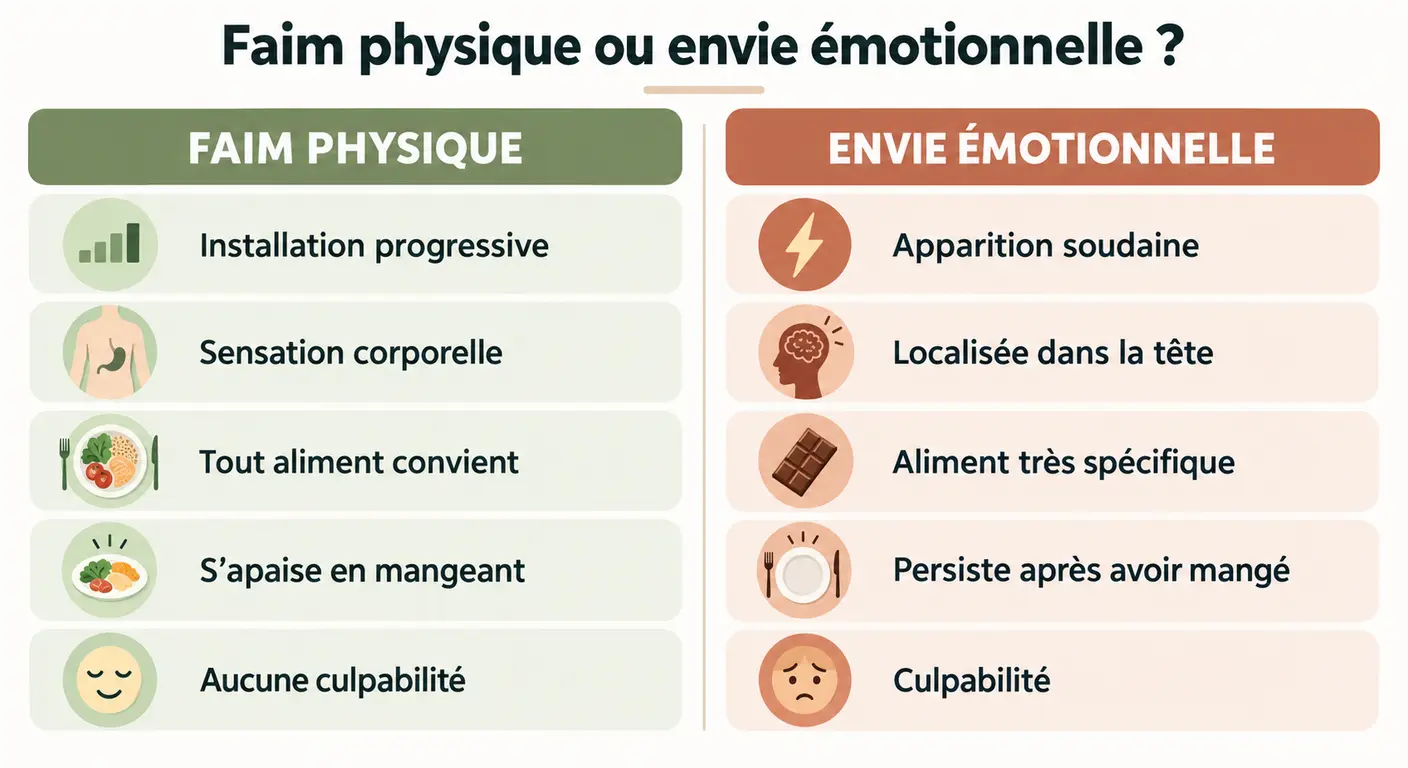 Tableau comparatif en cinq critères distinguant la faim physique de l'envie de manger émotionnelle