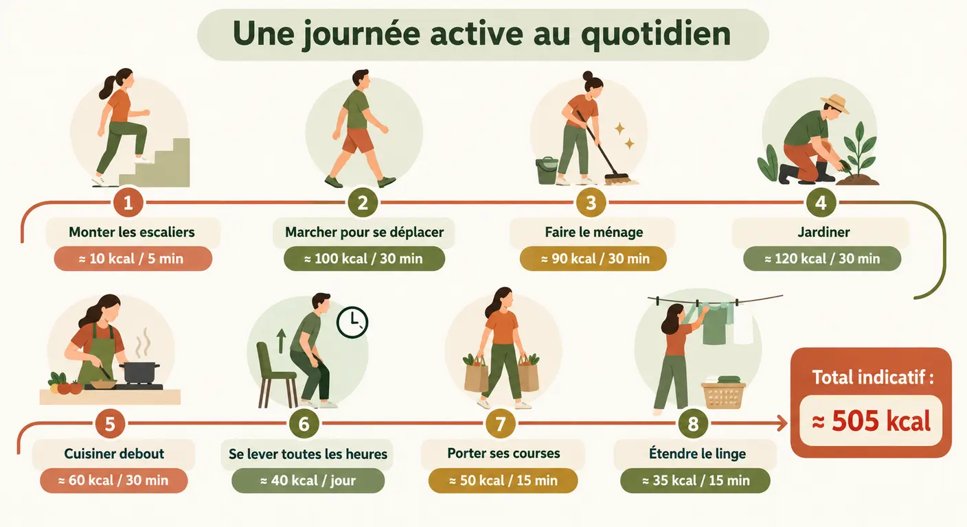 Frise d'une journée type montrant la dépense énergétique cumulée des activités quotidiennes hors séance de sport