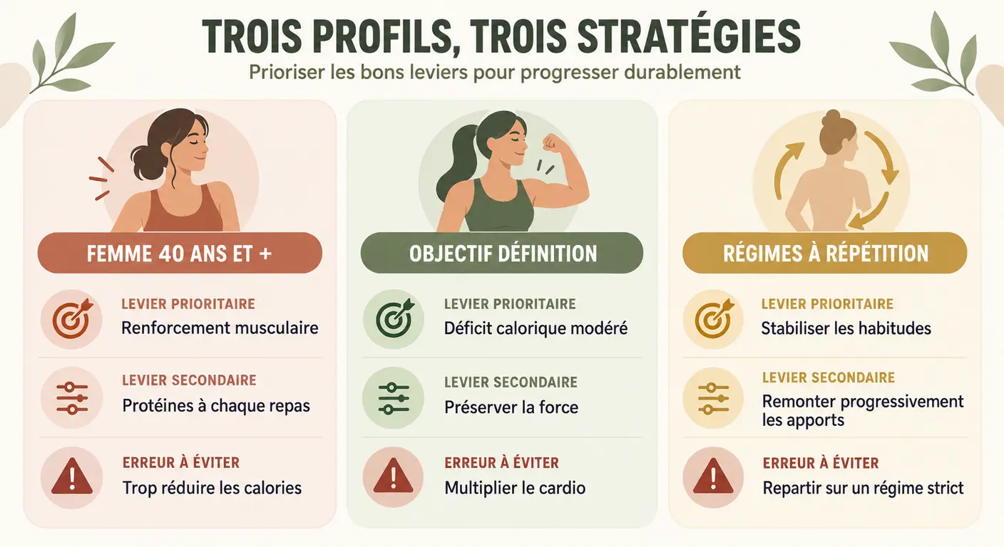 Infographie comparant les priorités d'action de trois profils dans une démarche de perte de poids sans régime