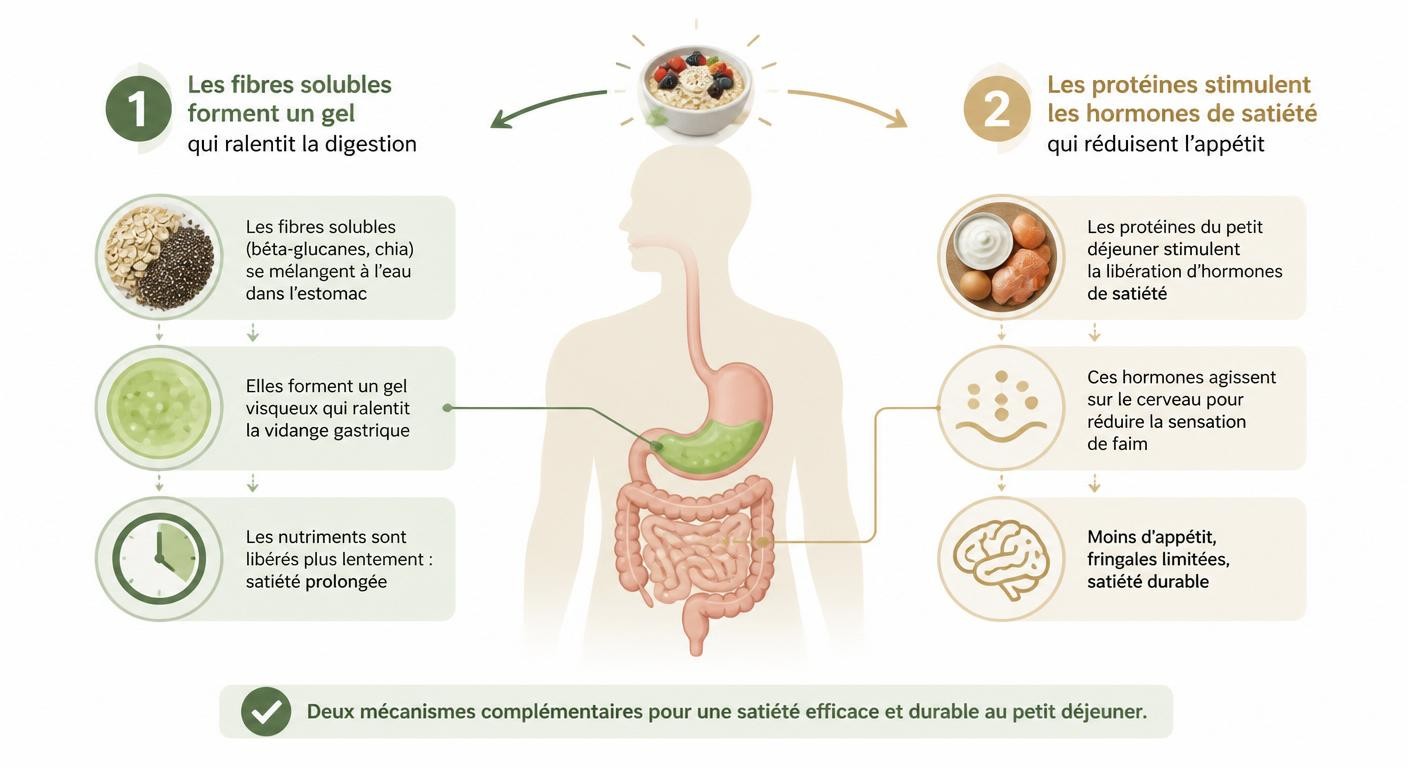 Infographie des mécanismes de satiété des fibres solubles et des protéines au petit déjeuner