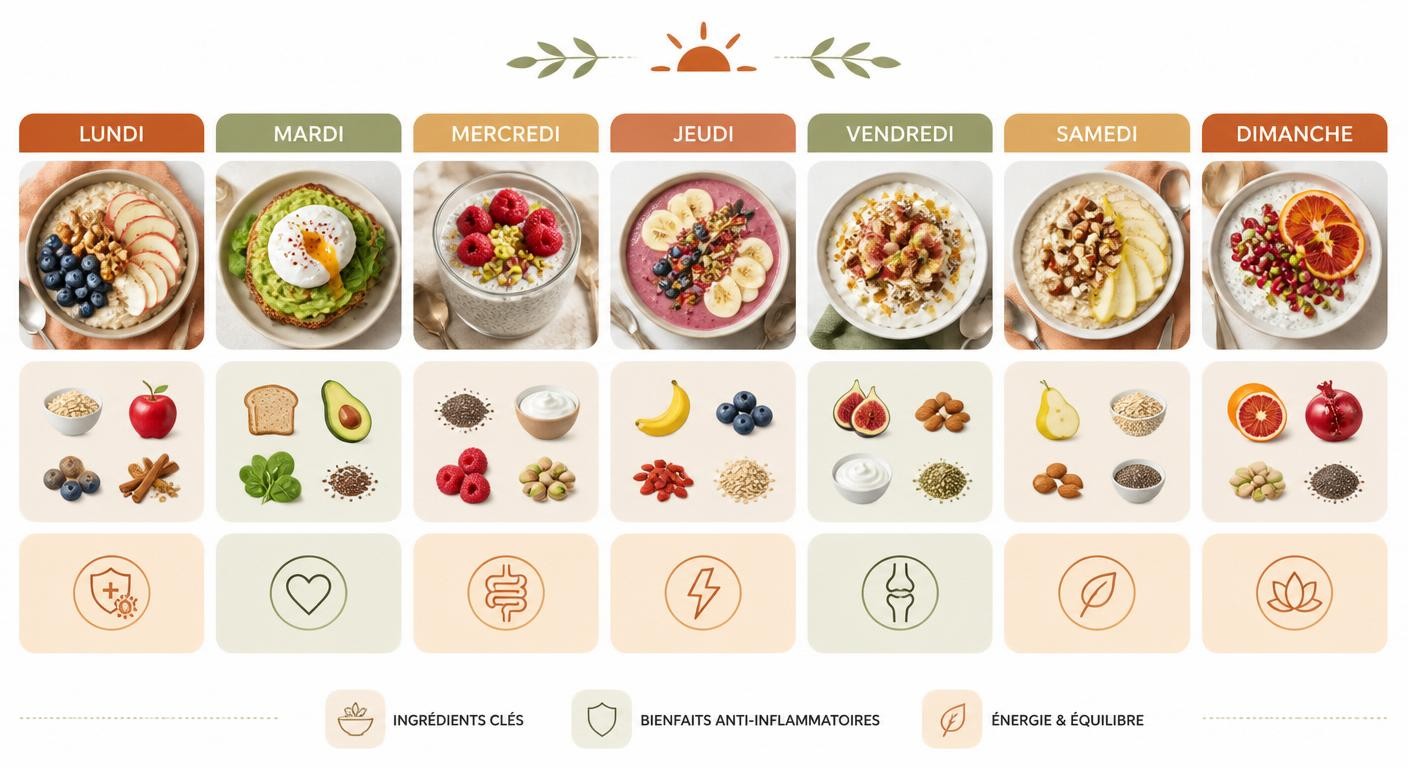 Infographie planning de 7 petits déjeuners anti-inflammatoires sur la semaine
