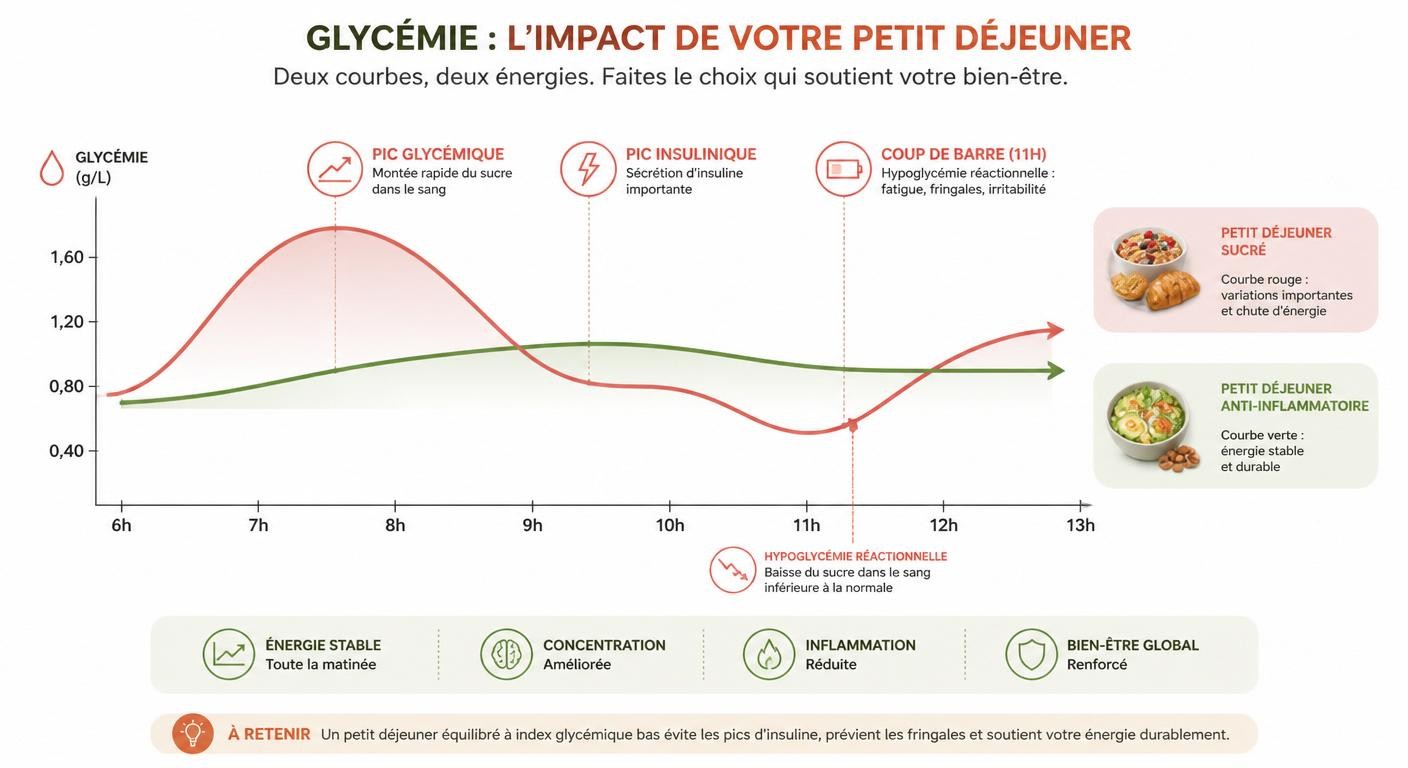 Infographie de la courbe glycémique matinale après petit déjeuner sucré vs anti-inflammatoire